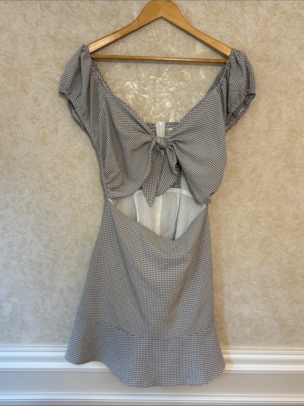 Altar'd State Grey & White Gingham Tie-Front Cutout Dress